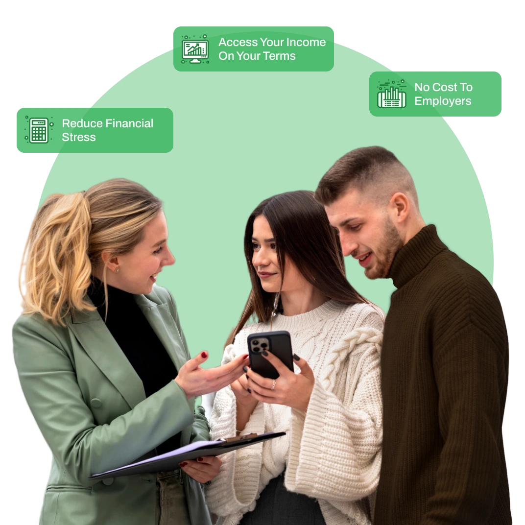 Employees and supervisor reviewing the OveloPay app to improve financial wellness and earned wage access.