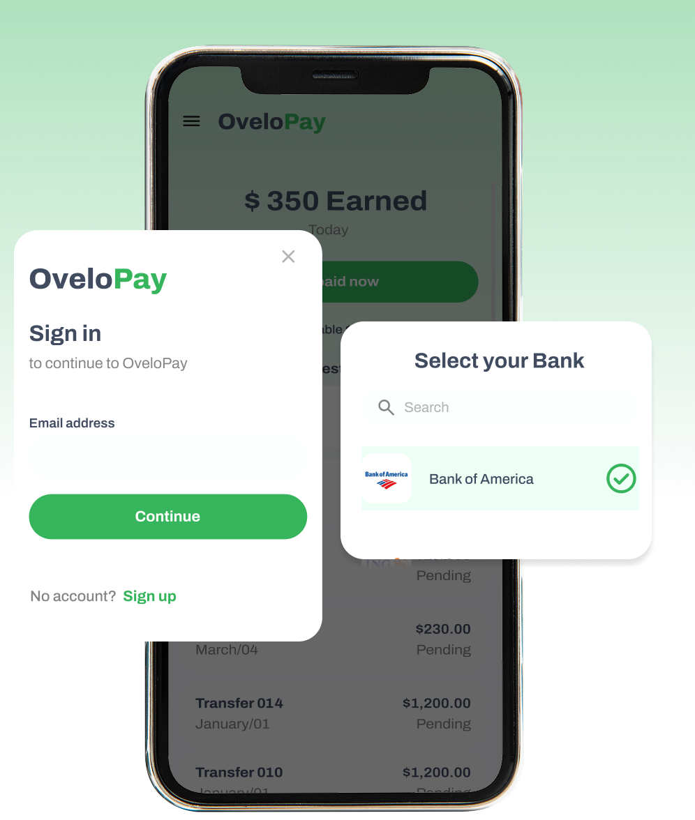 OveloPay earned wage access mobile application dashboard