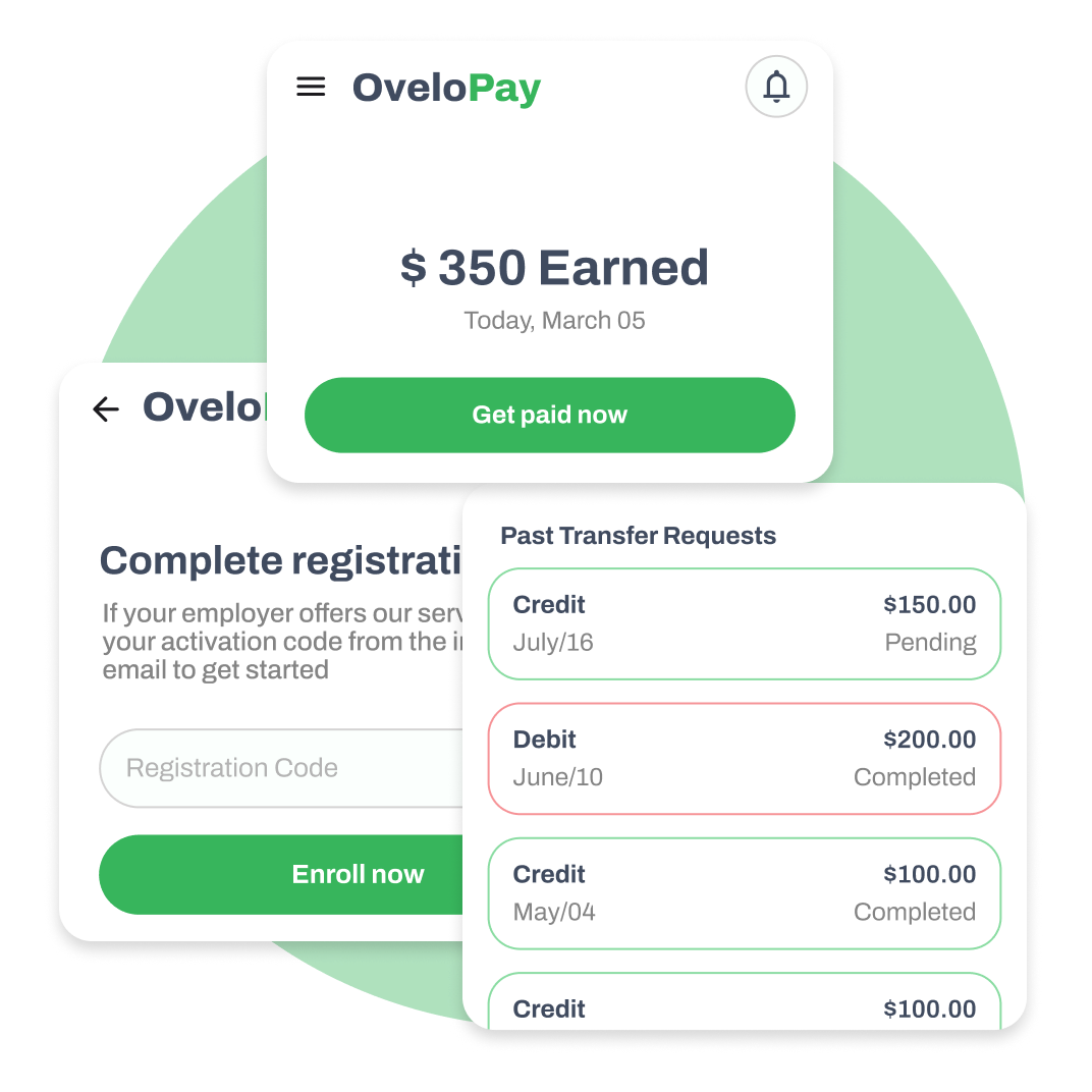 OveloPay mobile app interfaces showing earned wages, enrollment process, and transfer request management.